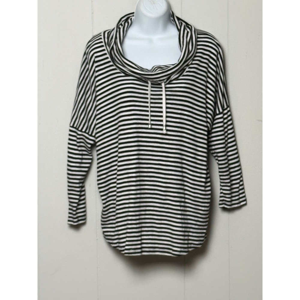 Jones New York Signature Women's Striped Cowl Neck Cotton Top Black White Size L